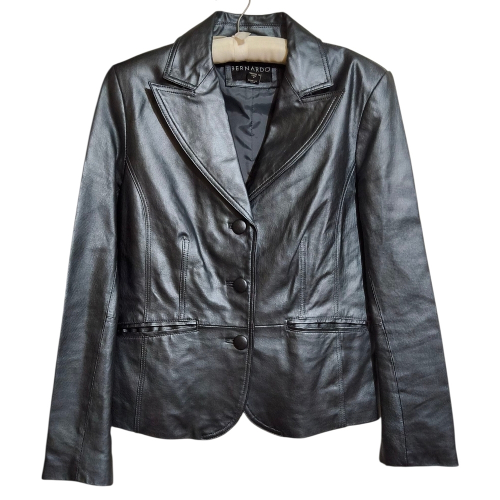 Bernardo Pewter Leather 3 Button Moto Jacket Size Medium